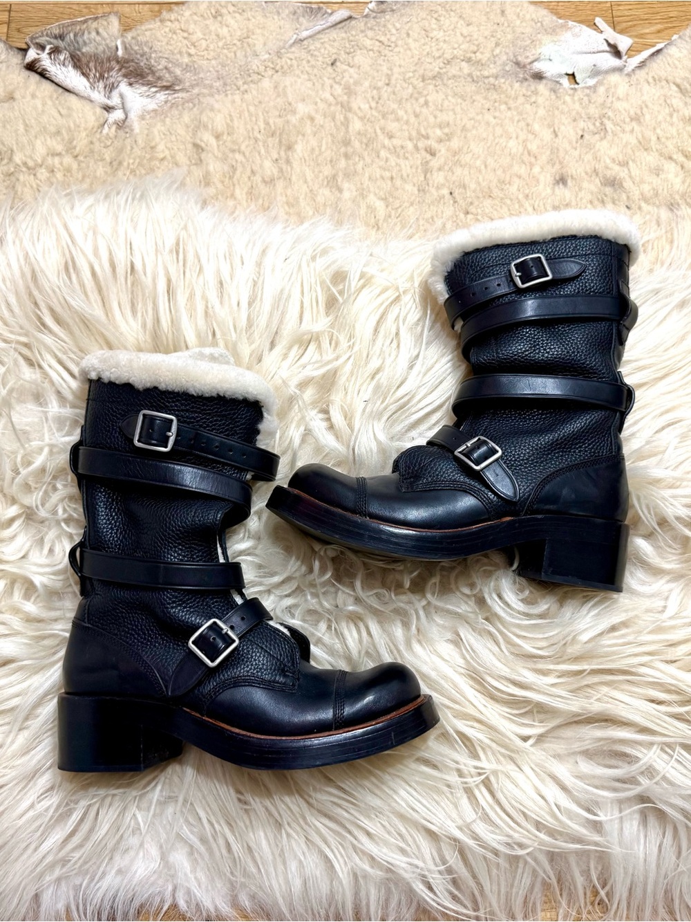 Coach Black Leather Shearling-Lined Buckle Combat Boots